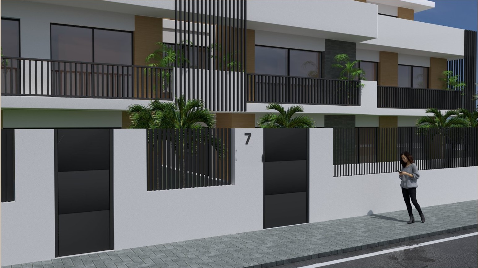 Moderne Außenfassade mit weißen Wänden, schwarzen Metalllamellen und Holzoptik-Elementen. Große Glasfronten und private Eingänge prägen das zeitgenössische Design.