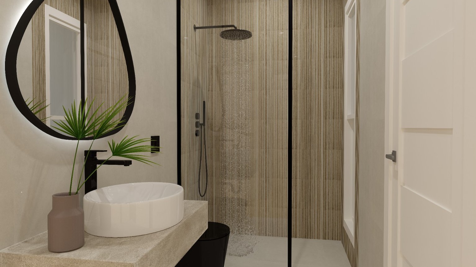 Modernes Badezimmer mit begehbarer Dusche, schwarzen Armaturen und Aufsatzwaschbecken. Mit organisch geformtem, hinterleuchtetem Spiegel und vertikal strukturierten Fliesen.