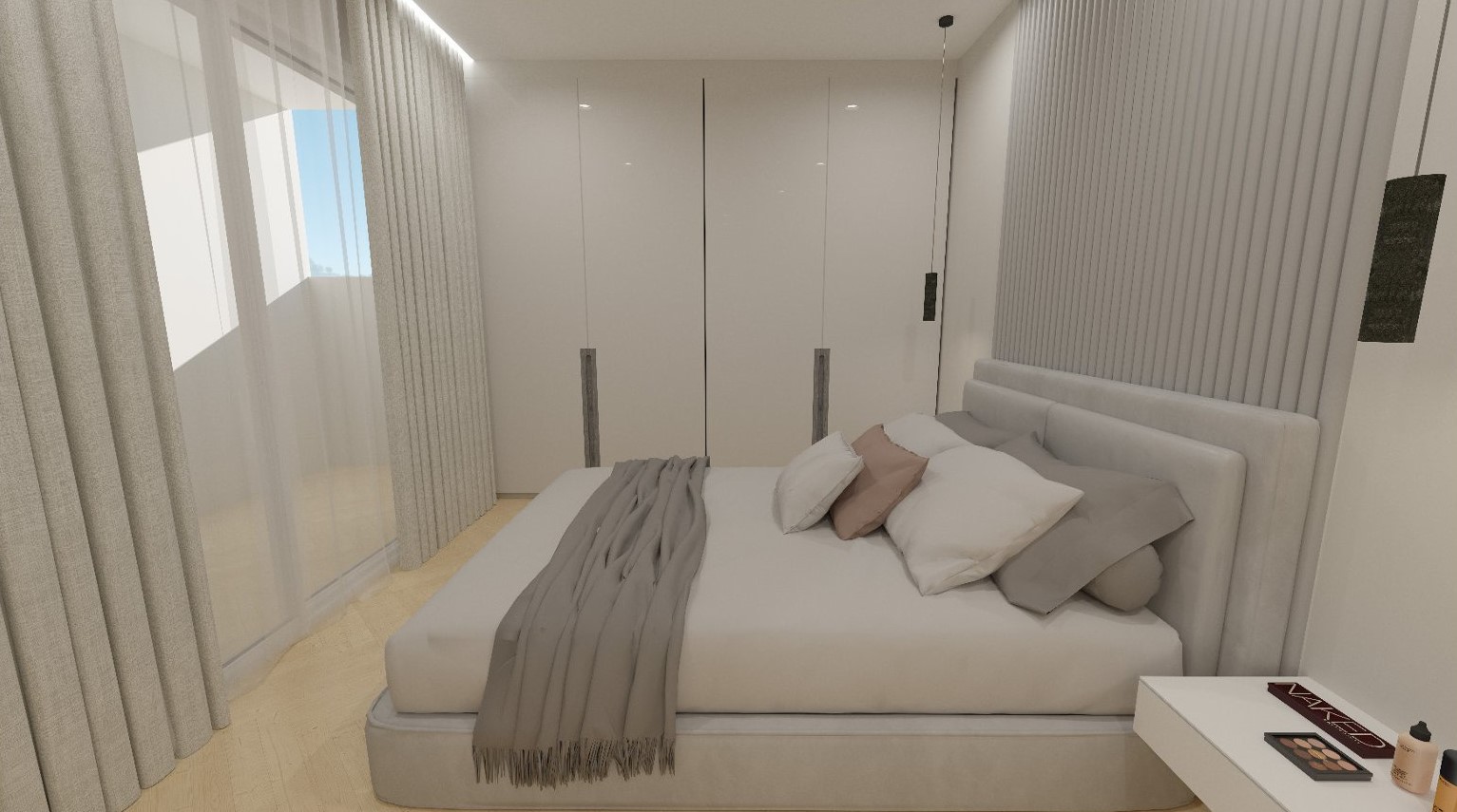 Modernes Schlafzimmer mit raumhohen Einbauschränken, dekorativer Lamellenwand und direktem Terrassenzugang durch große Glasschiebetüren.