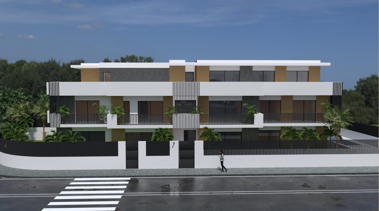 Zeitgenössische Außenfassade mit weißen, grauen und holzfarbenen Paneelen, großzügigen Terrassen mit schwarzen Geländern und integrierter mediterraner Bepflanzung.