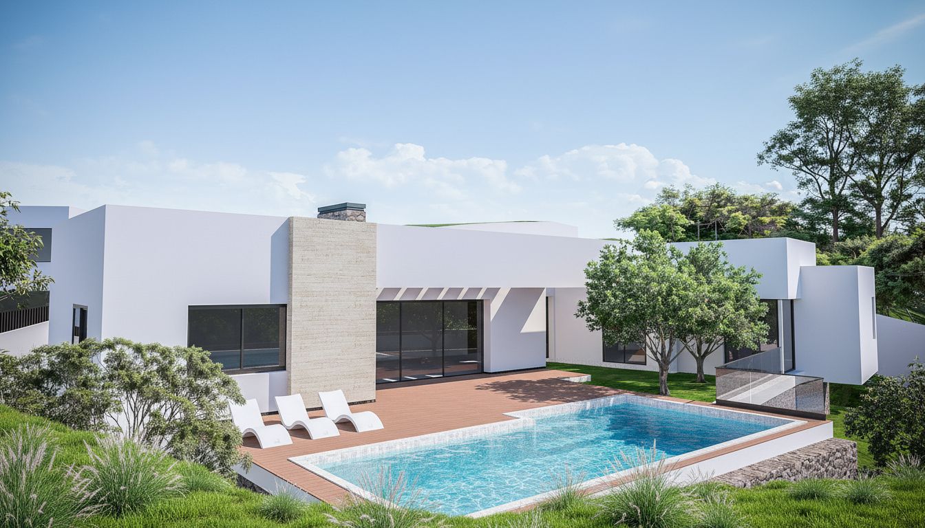 Außenansicht der modernen Villa mit rechteckigem Pool, Holzterrasse und minimalistischer weißer Fassade mit Natursteinelementen und großen Glasfronten.