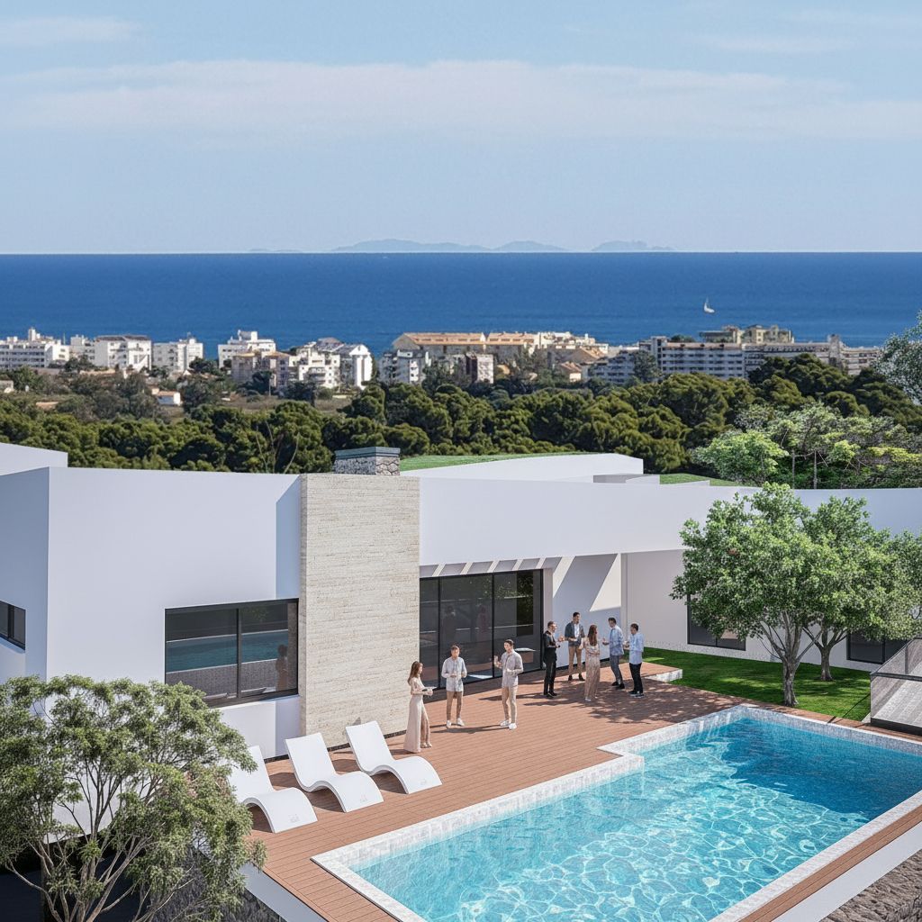 Außenterrasse mit Designer-Pool, Holzdeck und minimalistischer weißer Architektur. Sie bietet einen Panoramablick auf das Mittelmeer und die Küste von Jávea.
