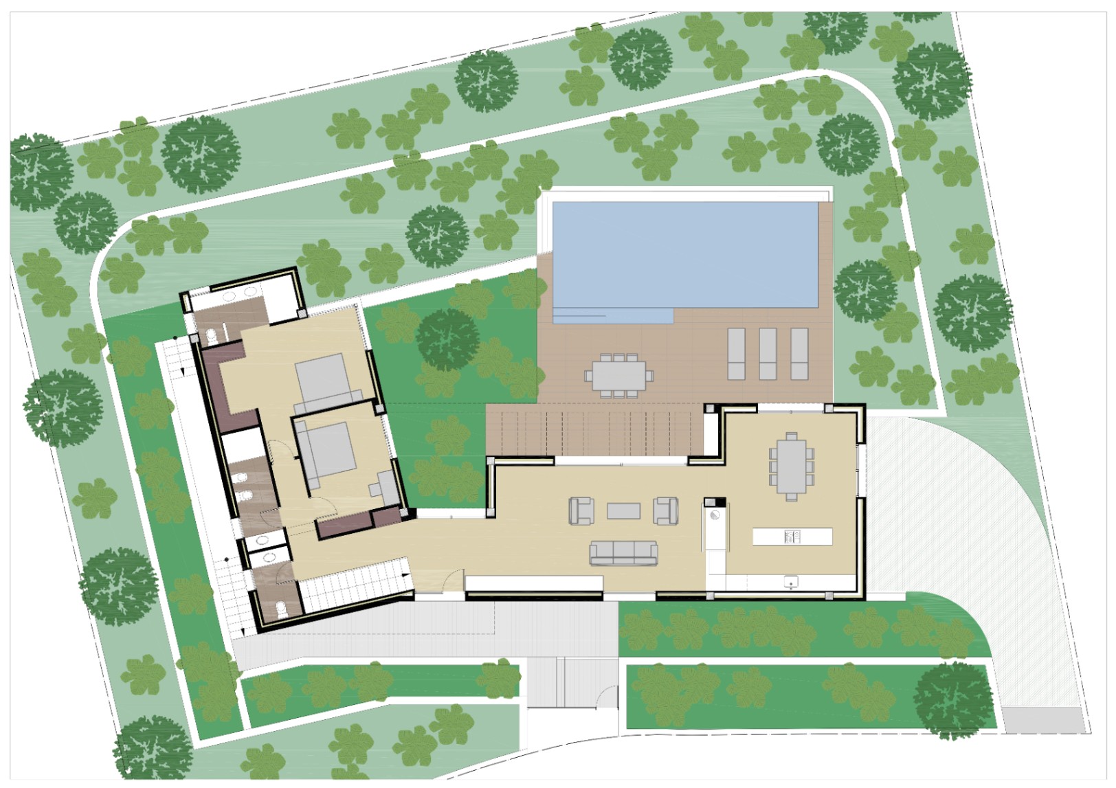 Detaillierter Grundriss des Hauptgeschosses mit offenem Wohnbereich, zwei Schlafzimmern und der großzügigen Außenterrasse mit Pool und Gartenanlage.