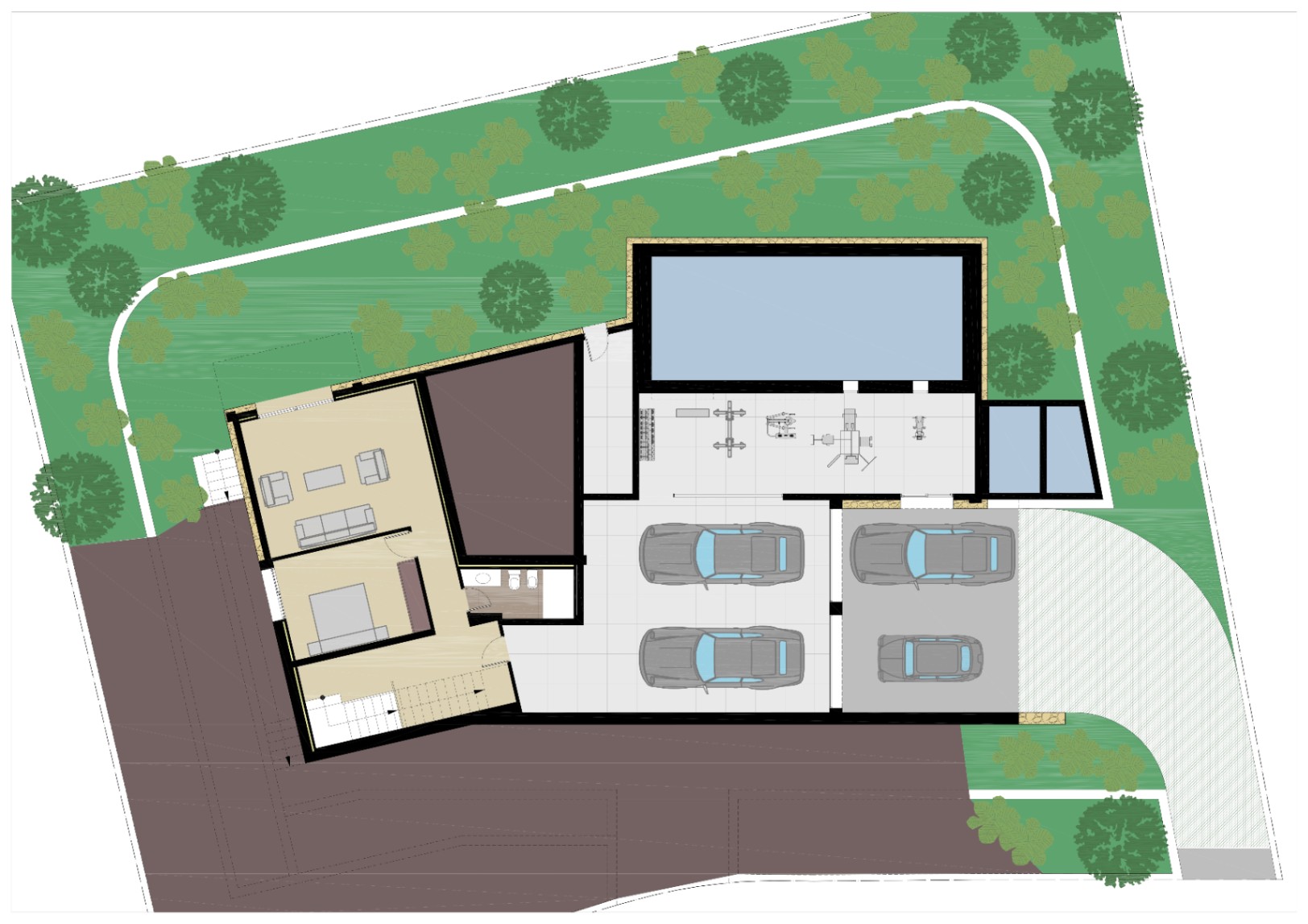 Detaillierter Grundriss des Untergeschosses mit einer großen Garage, einem Fitnessbereich, Abstellräumen und einer separaten Gästesuite.