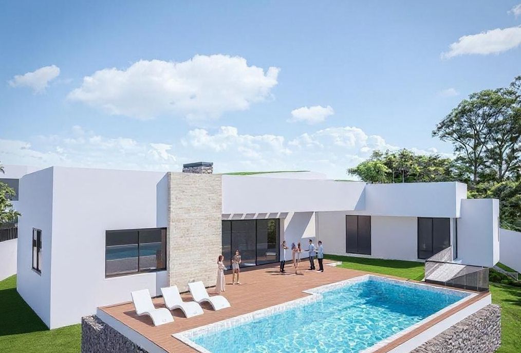 Moderne Außenarchitektur mit Pool, Holzterrasse und weißer Fassade, ergänzt durch Natursteinakzente und großzügige Glasfronten.