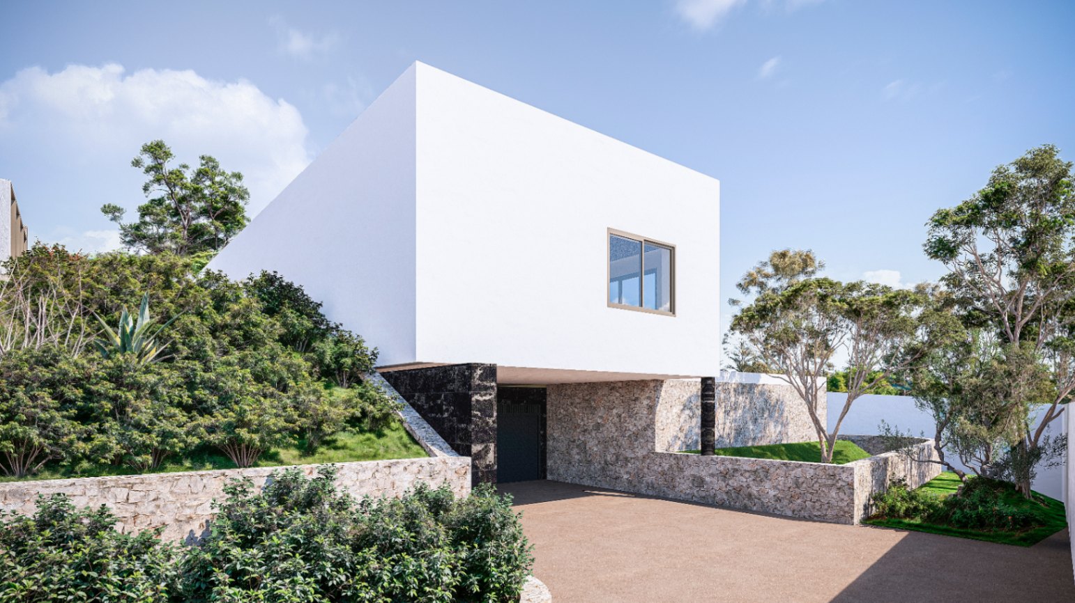 Moderne Fassade mit weißem, auskragendem Obergeschoss über Natursteinmauern, gepflasterter Zufahrt und integrierter mediterraner Bepflanzung.