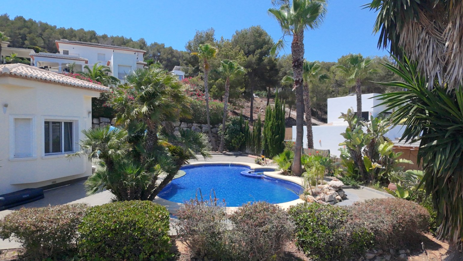 Nierenförmiger Pool in einem gepflegten Garten mit Palmen und Felsenelementen, gelegen vor der weißen Fassade der Villa und einer bewaldeten Hügellandschaft.